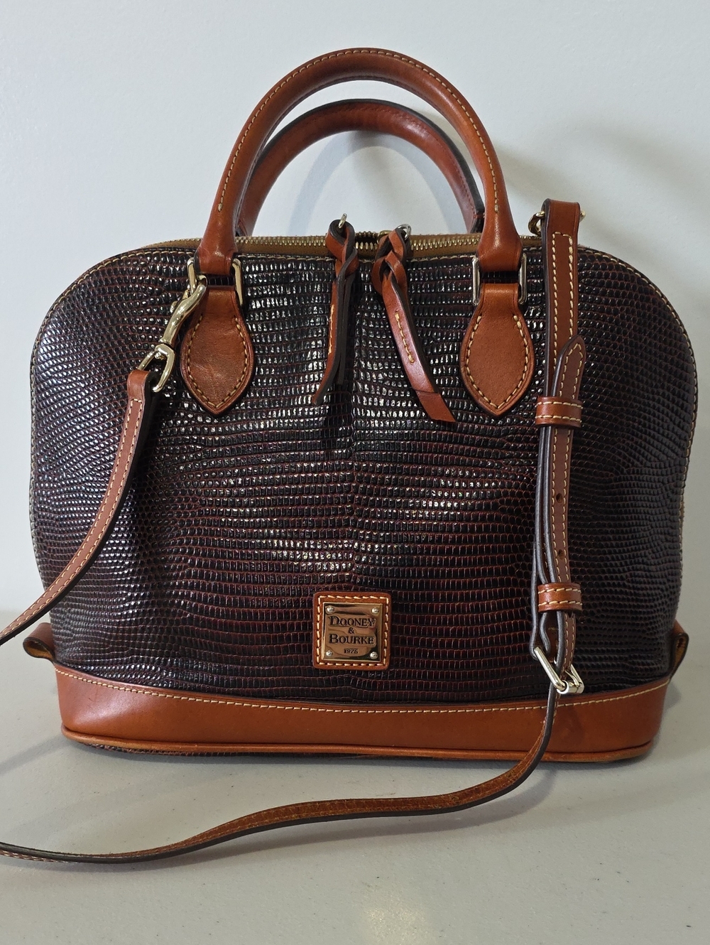 Dooney & Bourke Brown Lizard Embossed Zip Zip Leather Satchel Shoulder BAG
